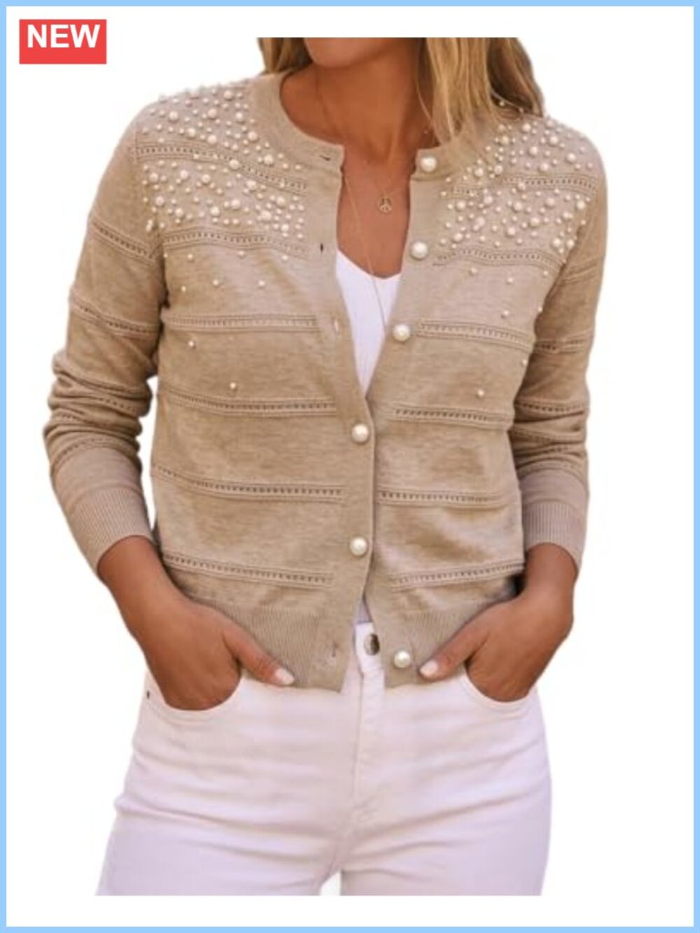 Pearl Beaded Knit Cardigan Long Sleeve Cropped Sweater